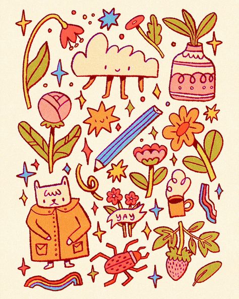 Cloud guy has become such a default doodle for me hehe!! A fun and cute page of stuff!! Made this while on voice chat with @monkeymintaka the other day - so fun!! Print of this is available as part of my new product collection! Yay! #doodle A Doodle A Day, Doodle Page Aesthetic, Cute Sketchbook Pages, New Years Doodles, Doodle Themes, New Year Doodles, Aesthetic Doodle Art, Doodles Colorful, Dream Doodle