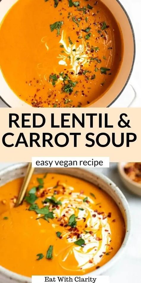 Vegan Pureed Soup, Vegan Protein Soup, Vegan Fall Soup, Vegan Gluten Free Soup, Healthy Carrot Recipes, Lentil Carrot Soup, Carrot And Red Lentil Soup, Carrot Soup Easy, Pureed Soups