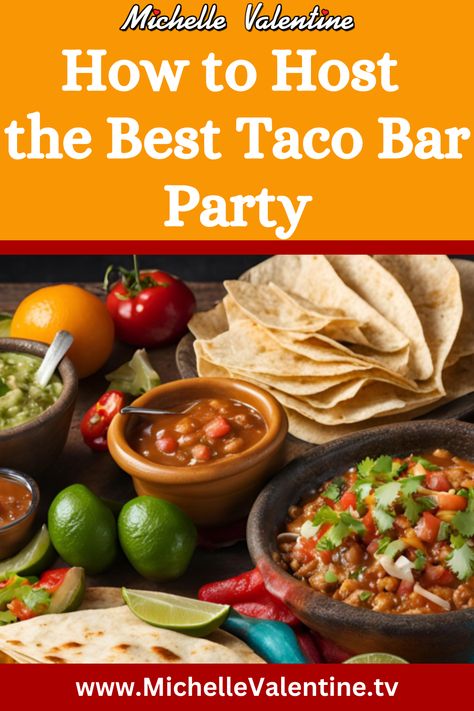 If you're hosting a party at home, consider a taco bar. It's easy to set up and allows guests to create their own tacos. Provide a variety of fillings, toppings, and sauces for a delicious taco experience. #TacoBar #PartyIdeas #CustomTacos #loveeattravel #michellevalentine #travel #food #love #tvshow #pbs #recipes #traveltips #recipes #shop #news Taco Bar Drink Ideas, How To Set Up Taco Bar For Party, Taco Bars For Parties, Taco Table Party Ideas, Taco Bar Set Up Ideas, Taco Bar Recipes, Hosting A Party At Home, Diy Taco Bar, Walking Taco Bar