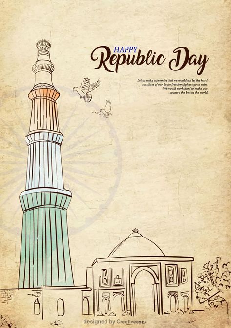 republic-day-wishes-with-qutub-minar-brown-line-art-vector-design Republic Day Illustration Art, Qutub Minar Drawing, Republic Day Illustration, Republic Day Art, Indian Constitution Day, Tiranga Flag, Brown Line Art, Republic Day Drawing, Entrance Board