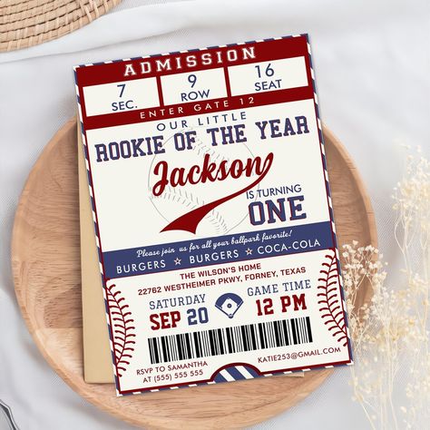 Rookie of the Year 1st Birthday Baseball Ticket Invitation Rookie Year First Birthday, Baseball Ticket Invitation, 1st Birthday Baseball, First Birthday Baseball, Baseball Invitations, Baseball First Birthday, Baseball Ticket, Rookie Of The Year, Garden Wedding Invitations