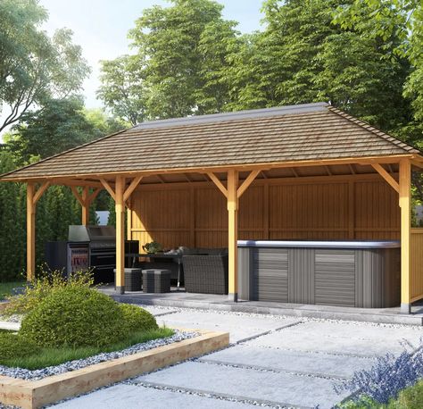 Wooden Hot Tub Shelters | Hot Tub Enclosures | Crown Pavilions Hot Tub Under Covered Patio, Backyard Gazebo With Hot Tub, Hot Tub Under Gazebo, Hot Tub Pergola With Bar, Pavillion With Hot Tub, Hot Tub Enclosure Ideas, Hot Tub Roof Gazebo, Hot Tub Shelters, Pool Pavilion