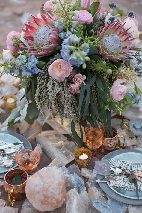 Geode Wedding Inspiration | Zion National Park, UT | Tyler Rye Zion Workshop | Casie Marie Photography Gem Tones Wedding, Geology Wedding, Protea Cynaroides, Crystal Centerpieces Wedding, Desert Inspiration, Boho Decorations Diy, Tropical Floral Arrangements, Geode Wedding, Earthy Wedding