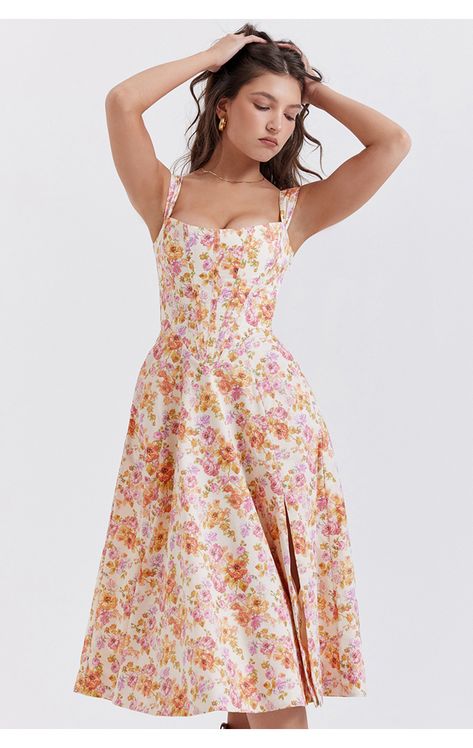 Clothing : Midi Dresses : 'Saira' Ivory Floral Midi Sundress Floral Dress Design, Corset Midi Dress, Waist Corset, Mini Sundress, Floral Print Midi Dress, Floral Sundress, Sleeves Clothing, Red Midi Dress, Spaghetti Strap Dresses