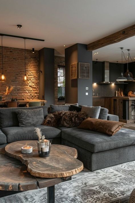 Basement Living Ideas, Small Farmhouse Interior Living Room, Industrial Cozy Living Room, Angled Living Room, Small House Living Room Ideas, Lounge Interior, Industrial Livingroom, Living Room Design Inspiration, Dream House Interior