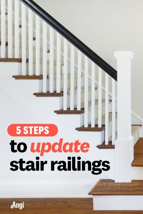 5 steps to update stair railings with a black stained hand rail on white stair spindles Revamp Stair Railing, Redo Banister Diy, Change Stair Railing, How To Paint Stair Railings, Refinishing Stair Railing, Modern Railing Indoor, Painted Railings For Stairs, Updating Staircase Railing, Paint Stair Railing