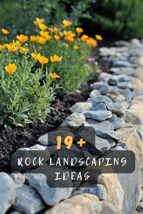 Transform your garden with stunning rock landscaping! Click to explore ideas that create a natural oasis. 🌿🪨🏡 #RockLandscaping #GardenDesign #NaturalOasis #LandscapingIdeas #OutdoorStyle How To Use Large Rocks In Landscaping, Landscape Rock Wall Ideas, Slate Rocks Landscaping, Unique Landscape Ideas, Rock Boarders For Gardens, Simple Rock Landscaping Ideas Front Yard, Yard Rock Ideas, Lake Landscaping Ideas, Zero Scaping Ideas