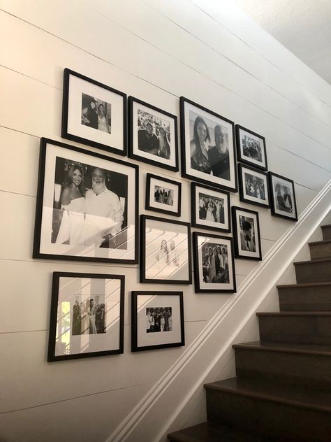 The moment we built our home, I knew exactly what I wanted to do for the stair wall.  A collage of black white photo wall. Photo Wall Collage Above Stairs, Stairs With Picture Frames, Black And White Photo Wall Staircase, Photo Wall Collage For Stairs, Black And White Photo Wall Stairs, Photo Collage Wall Going Up Stairs, Wall Collage Stairway, Collage Of Frames On Wall, Black Frame Collage Wall