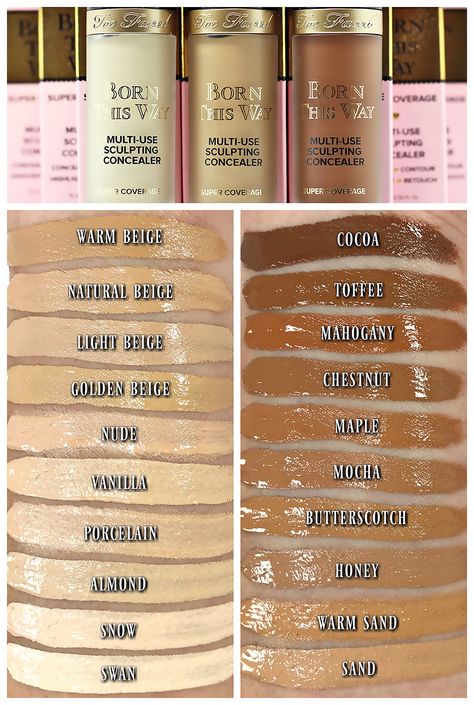 Too Faced Born This Way Super Coverage Multi-Use Sculpting Concealer Swatches Concealer Swatches, Born This Way Concealer, Foundation Swatches, Makeup 2018, Makeup Shades, Concealer Shades, Too Faced Concealer, Makeup Tips For Beginners, Makeup Swatches