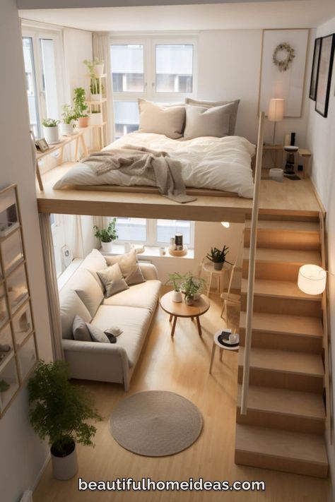 Minimal Loft Bedroom, Luxury Loft Bedroom, Japandi Small House, Small Room Arrangement Ideas, Mezanin Bedroom Design, Loft Bed Room Ideas, Minimal Bedroom Ideas Small Rooms, Small Bedroom Loft Ideas, Mezzanine Bedroom Design