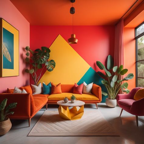 Bright Color Accent Wall, Bright Painted Walls, Colorful Walls Living Room, Colourful Studio Apartment, Colorful Wall Ideas, Colorful Minimalism Interior, Split Complementary Interior Design, Analogous Interior Design, Bright Color Room