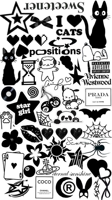 Sticker Art Black And White, Sticker Ideas Black And White, Bedroom Y2k, Y2k Prints, Star Collage, Kertas A4, Black And White Y2k, Black And White Collage, Phone Cover Stickers