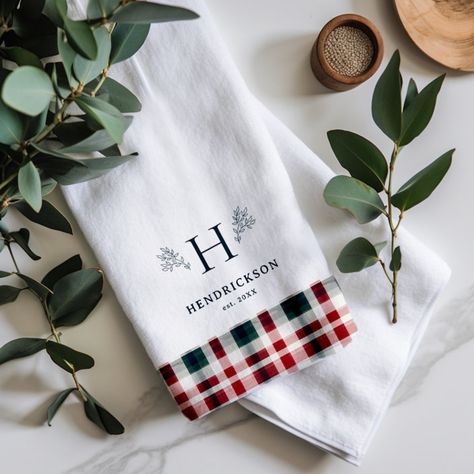 Featuring initial monogram surrounded by branches along with a last name and established date, and beautiful farmhouse plaid #ad Personalized Kitchen Towels, Monogram Kitchen, Beautiful Farmhouse, Personalized Kitchen, Initial Monogram, Christmas Table Cloth, Newlywed Gifts, Kids Nursery Decor, Free Birthday Invitations