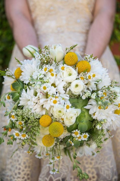 Daisy Bouquet Wedding, Yellow Bridal Bouquets, Yellow Wedding Bouquet, Simple Wedding Bouquets, Yellow Wedding Flowers, Yellow Bouquets, Billy Balls, Summer Wedding Bouquets, Daisy Wedding