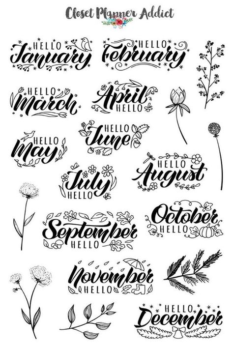 Months Planner, Brush Lettering Quotes, Doodle Stickers, طابع بريدي, Floral Doodle, Hand Lettering Tutorial, Bullet Journal Design Ideas, Bullet Journal Writing, Bullet Journal Lettering Ideas