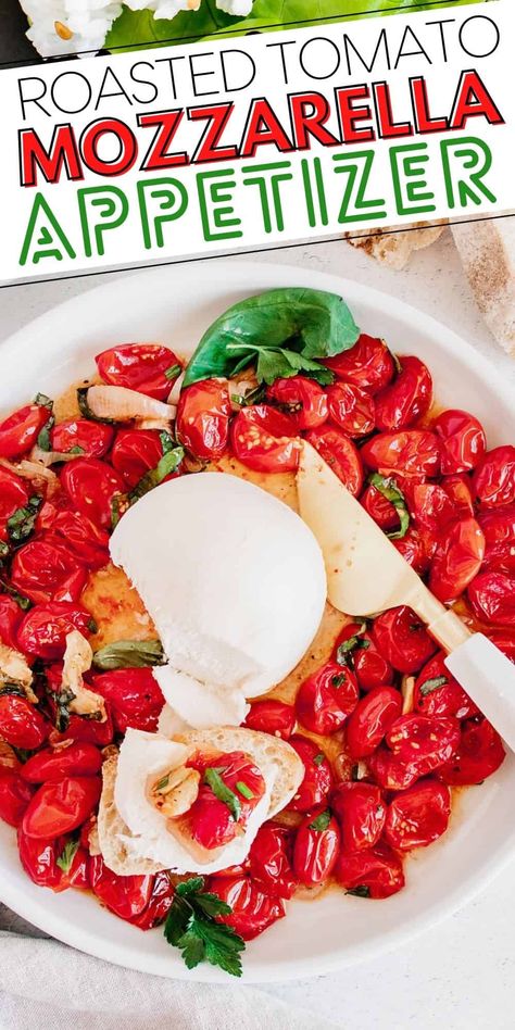 This easy Roast Tomato Mozzarella & Basil Appetizer is the perfect party recipe. It's a delicious mix of roasted tomatoes, garlic and shallots baked and served with fresh mozzarella on crusty French bread crostini. Tomato Mozzarella Appetizer, Fresh Mozzarella Appetizers, Mozzarella Appetizers, Crusty French Bread, Tomato Appetizers, Frozen Garlic Bread, Tomato Mozzarella Basil, Baked Appetizers, Easy Roast