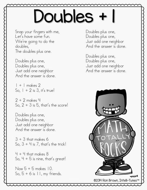 Ron Brown's Intelli-Tunes Doubles +1 song (MP3 & lyrics are included in the… 2nd Grade Math Games Printable, Doubles Plus One Anchor Chart, Doubles Facts First Grade, Doubles Games First Grade, Related Math Facts First Grade, Doubles Rap, Adding Doubles First Grade Math Games, Doubles Song, Teaching Doubles