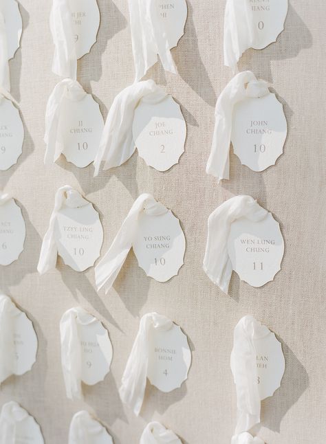 Hanging Place Cards Wedding, Ribbon Seating Chart, Seat Cards For Wedding, Linen Seating Chart, Unique Place Cards Wedding, Unique Beach Wedding, Creative Seating, Ellis Bridal, Beach Wedding Venues