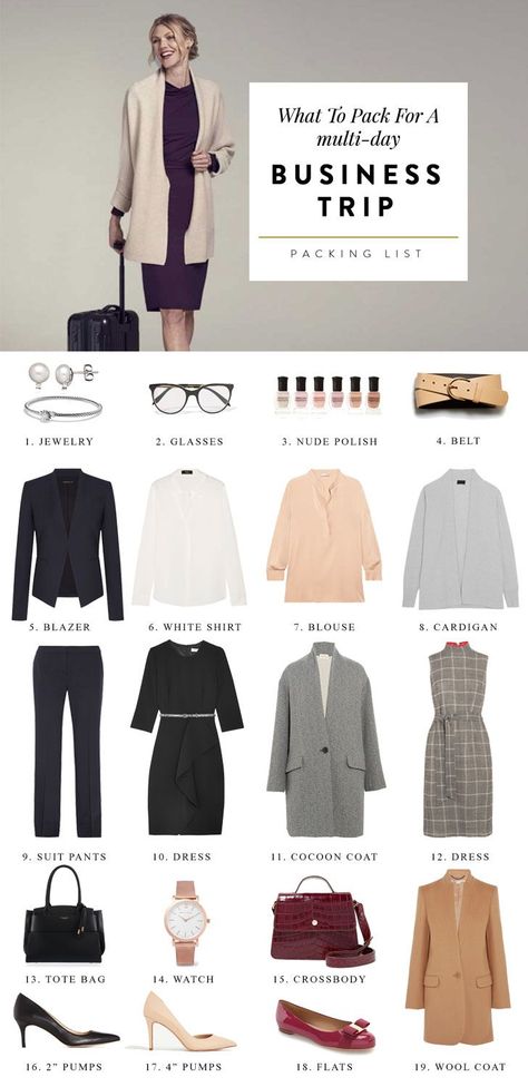 A helpful 4 day business trip packing list for women that includes outfit ideas for conferences, travel, client meetings and networking events. Business Trip Packing List, Business Travel Outfits, Business Casual Womens Fashion, Business Trip Packing, Conference Outfit, Trip Packing List, Dressing Tips, Yeezy Outfit, Trip Packing