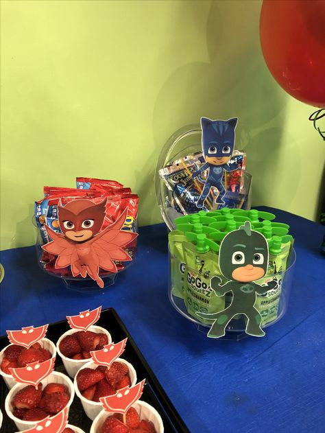 PJ masks, Party, superhero, cat boy, owlette, gekko, Birthday Pj Mask Center Pieces, Oh Masks Birthday, Oh Mask Birthday, Pjmask Birthday Party Ideas, Pjmasks Birthday Party Ideas Boy, Pj Mask Cake Ideas, Cat Boy Pj Masks, Pj Mask Birthday Cake, Owlette Birthday Party