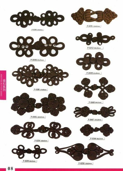 Beautiful varieties of frog closures. Knots Diy, Chinese Knot, Soutache Jewelry, Button Flowers, Filet Crochet, Celtic Knot, Sewing Techniques, Sewing Hacks, Shanghai