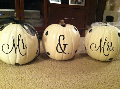 Custom pumpkins - wedding pumpkins - mr & mrs  Www.facebook.com/fornamesakes Wedding Pumpkins, Pumpkins Wedding, Cocktail Hour Decor, Bride Groom Table, Wedding Space, Fall Wedding Diy, Pumpkin Wedding, October 3rd, Autumn Bride