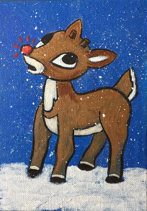 Easy Reindeer Painting, Cute Reindeer Painting, Rudolph Painting, December Art Challenge, Reindeer Paintings On Canvas, Reindeer Canvas Painting, Rudolph Painting Canvas, Reindeer Painting Canvases, Rudolph The Red Nosed Reindeer Painting