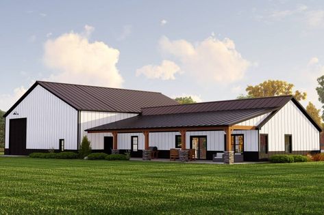 Country Style House Plan - 3 Beds 2 Baths 1896 Sq/Ft Plan #1064-161 - Houseplans.com Shop And House Combo Plans Rustic, 2 000 Sq Ft House Plans Open Floor Ranch, Pole Barn House Plans With Shop, Shop Home Floor Plans, Barndominium With Rv Garage, Barndominium Ideas Floor Plans With Shop, Metal Building Colors Schemes, Ranch Barndominium, 2 Bedroom Barndominium