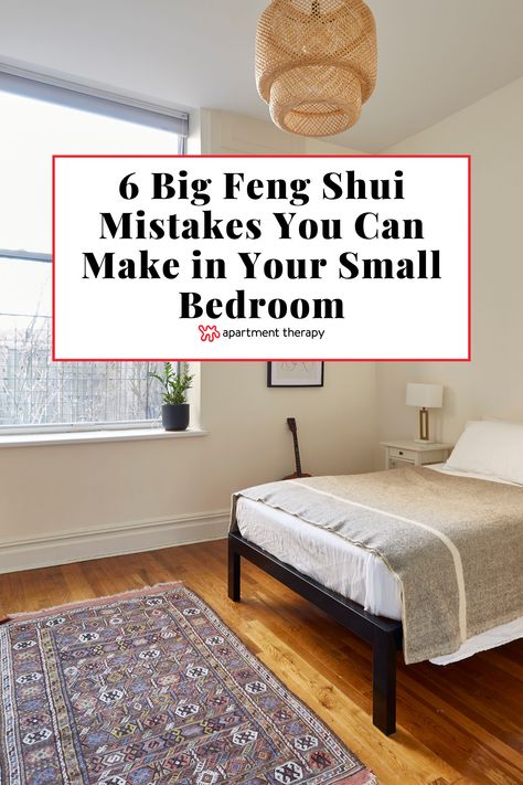 How do you get atmosphere just right in your small bedroom? Or rather, what shouldn't you do if you want to achieve that exceptional chi? I tapped two feng shui savants to share what you should never, ever do in your petite place, plus what to do instead. Rent Shui Bedroom, Bed Under Window Feng Shui, Apartment Bedroom Arrangement Ideas, Designing A Small Bedroom, Small Bedroom One Nightstand, Feng Shui Bedroom Aesthetic, Bedroom Small Rug, Small Bedroom Ideas Feng Shui, Bedroom Colors Feng Shui