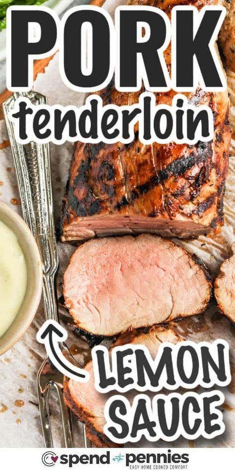 This recipe for marinated and grilled pork tenderloin makes a fabulous entree for picnics and barbecues. Whole pork tenderloin is marinated in soy, lemon juice, and brown sugar marinade, then grilled until tender, juicy, and lightly charred. Cut into medallions and serve with all your favorite bbq fixins! #grilledporktenderloin #porktenderloin #recipe #spendwithpennies Recipes Pork Tenderloin, Air Fryer Recipes Pork, Air Fryer Pork, Low Carb Pork, Recipes Pork, Grilled Pork Tenderloin, Pork Loin Recipes, Spend With Pennies, Tenderloin Recipes