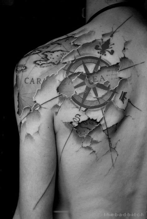 If I could have any tattoo, I'd get this one. I lack direction, I fear choices, and I'm never sure on where I should go and how to get there. This tattoo signifies all of that and more. I've never been so drawn to ink. Beautifully drawn, meaningful compass and map tattoo on the shoulder. I love this so much. Marine Tattoos, Tatoo 3d, Amazing 3d Tattoos, Hyper Realistic Tattoo, Mechanic Tattoo, Pirate Tattoo, Beauty Tattoo, Map Tattoos, Sick Tattoo