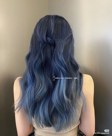 Ashy Blue Hair Highlights, Blue Dye On Dark Brown Hair, Ashy Blue Highlights, Ash Blue Highlights On Black Hair, Light Blue Balayage Hair, Ashy Blue Hair Balayage, Ombré Hair Blue, Blue Hair Gradient, Dark Blue Hair With Highlights