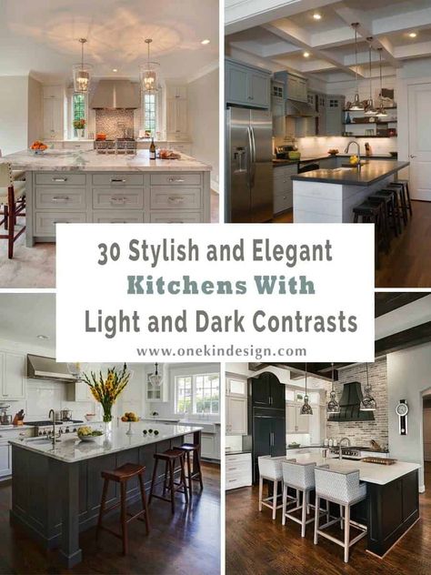 30 Stylish and elegant kitchens with light and dark contrasts Light Upper Cabinets Dark Lower, Paint Colors With Dark Cabinets, Dark Lower Cabinets Light Upper, Kitchen Paint Colors With Dark Cabinets, Contrast Kitchen, Dark Lower Cabinets, Dark Kitchen Floors, Inspiring Kitchens, Light Kitchen Cabinets