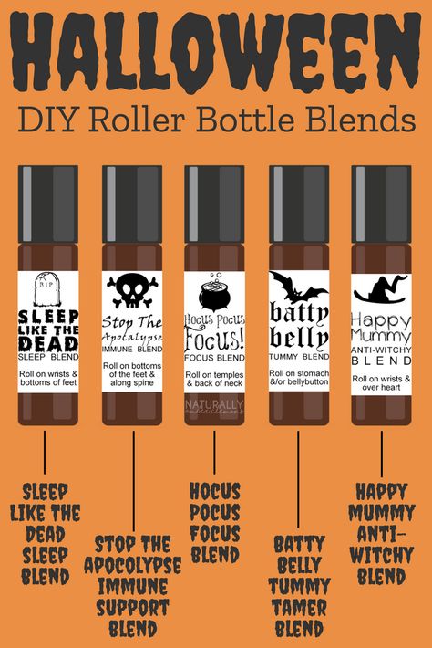 DIY Halloween Roller Bottle Recipes! Happy Mummy (Anti-Witchy Blend) Sleep Like The Dead (Sleep Support Blend) Stop The Apocalypse (Immune Support Blend) Hocus Pocus Focus (Focus Blend) Batty Belly (Tummy Tamer Blend) Essential Oil Party, Essential Oil Diy, Essential Oil Roller Bottle Recipes, Essential Oils Focus, Focus Blend, Essential Oil Perfumes Recipes, Nutmeg Essential Oil, Roller Bottle Recipes, Roller Blends