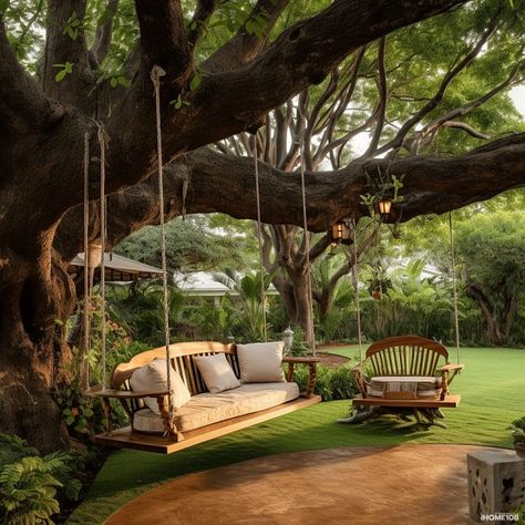 Green Backyard Aesthetic, House Around Tree, Unique Backyard Ideas, Gorgeous Backyards, Cute Backyard, Tree Swings, Garden Swing Seat, Interior Design Your Home, Dream Life House