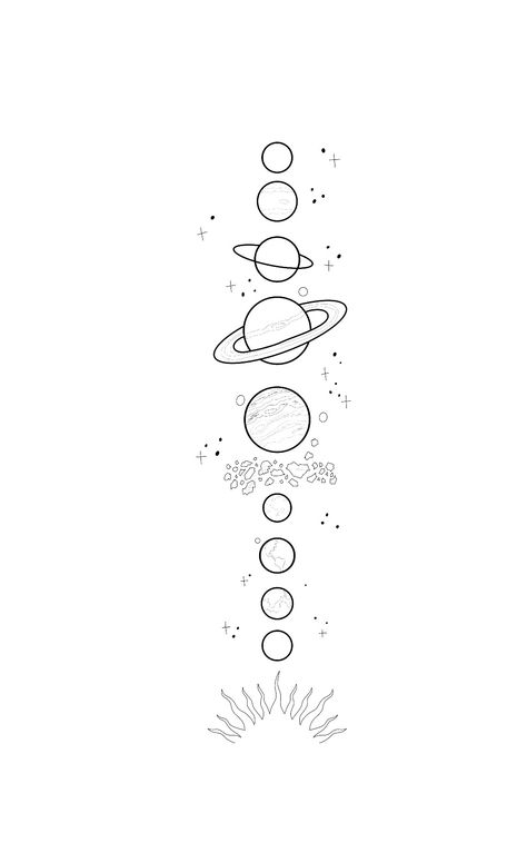 Planets In A Line Tattoo, Planets Tattoo Simple, Animal Design Tattoo, Space Sleeve, Outer Space Tattoos, Fierce Tattoo, Astronomy Tattoo, Space Tattoos, Solar System Tattoo