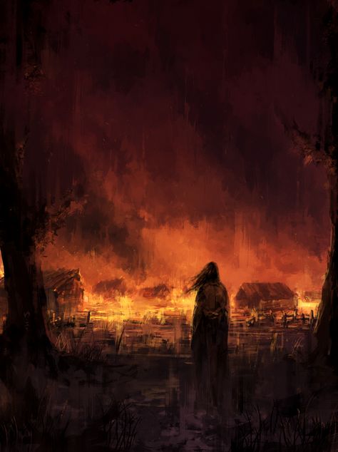 Burning Village Aesthetic, House On Fire Painting, Fire Fantasy Aesthetic, Messiah Aesthetic, Village On Fire, Hostage Aesthetic, Fire Landscape, Fire Artwork, Carpenter Aesthetic