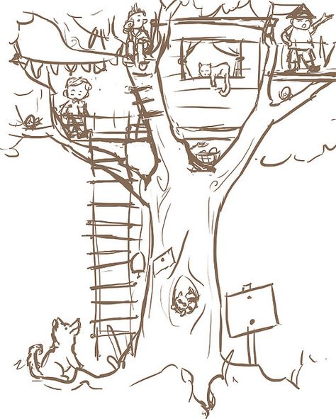 Treehouse Aesthetic Drawing, Treehouse Architecture Drawing, Treehouse Sketch, Tree House Sketch, Treehouse Drawing, Tree House Illustration, Treehouse Illustration, Treehouse Art, Whimsical Treehouse