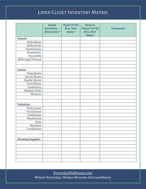 Printable Linen Closet Inventory to help eliminate what you don't need and transform your linen closet into a lean, mean, storage machine!  #linenclosetinventory #cleancloset #linencloset Linen Closet Measurements, Closet Inventory List, Linen Closet Dimensions, Store Sheets Linen Closets, Organize Bedding Linen Closets, Closet Inventory, What To Do When You Don’t Have A Linen Closet, Small Linen Closets, Inventory Printable