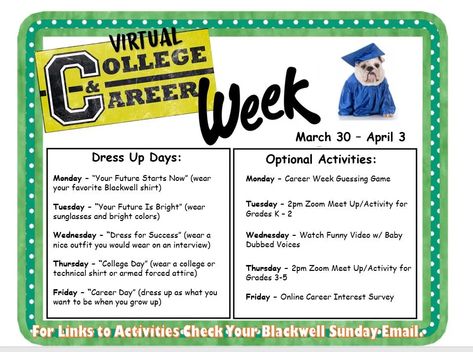 Virtual College and Career Week | Lisakingcounselor.com College And Career Day Spirit Week, Elementary College And Career Week, College Week Ideas For Elementary, College Week Ideas High School, College And Career Readiness Elementary, College And Career Readiness High School Activities, College Spirit Week Ideas, College Application Week Activities, College And Career Week