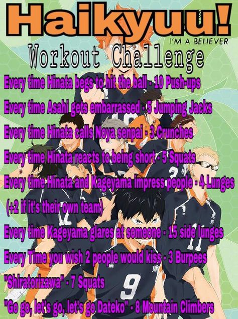 Anime workout game Bakugo Workout, Haikyuu Workout, Anime Workout Routine, Show Workouts, Anime Workouts, Nerdy Workout, Tv Show Workouts, Anime Workout, Soccer Workout