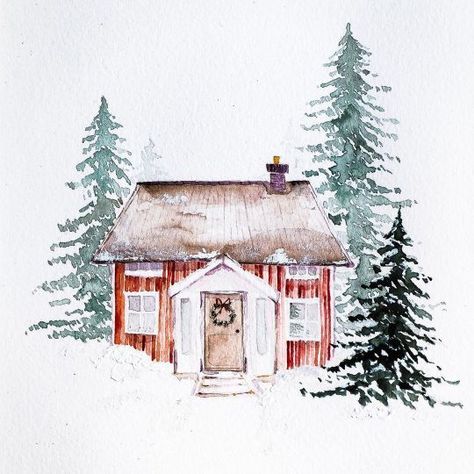 Watercolor House Painting, Learn Watercolor Painting, Cabin Cottage, Watercolor Architecture, Winter Watercolor, Christmas Card Art, Watercolor Projects, Watercolor Christmas Cards, Christmas Drawing