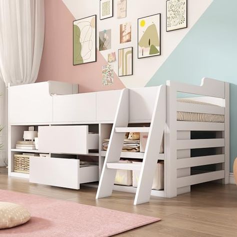 Wooden Bed With Drawers, Kids Wooden Bed, Bed Frame Storage, Kids Bunk Bed, White Wooden Bed, White Cabin, Mid Sleeper, Frame Storage, Mid Sleeper Bed