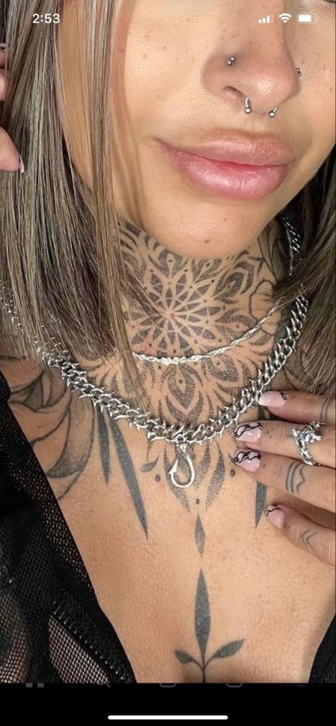 Big Back Of Neck Tattoo, Women’s Front Neck Tattoo, Women’s Neck And Chest Tattoo, Whole Neck Tattoos Women, Women Full Neck Tattoo, Geometric Throat Tattoo For Women, Chest Tattoos For Women Unique, Girly Throat Tattoo, Mandala Tattoo On Neck