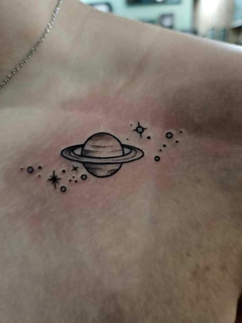 Saturn And Uranus Tattoo, Star Space Tattoo, Saturn And Stars Tattoo, Venus Planet Tattoo, Saturn Tattoo Ideas, Space Tattoos Men, Moon And Saturn Tattoo, Spaceship Tattoo, Star Tattoos For Men