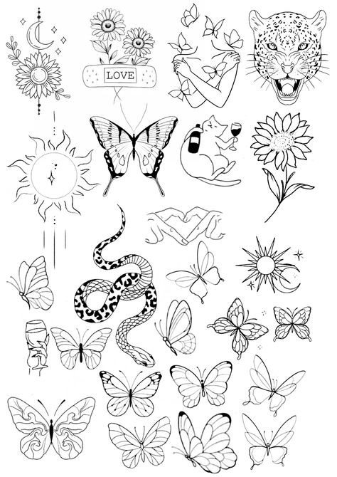 Butterfly Flash Sheet, Flash Tattoo Sleeve, Tattoo Stencil Ideas, Simple Unique Tattoos, Butterfly Tattoo Stencil, Sticker Sleeve, Learn To Tattoo, Printable Tattoos, Basic Tattoos