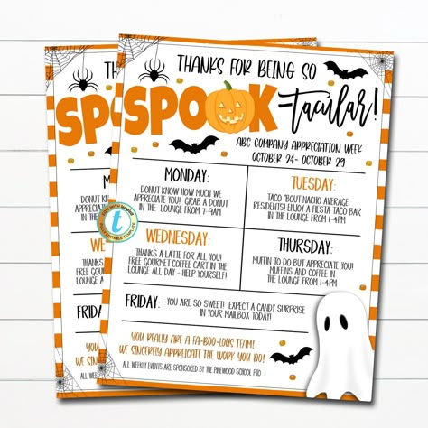 "Halloween Appreciation Week Itinerary Flyer Template. Use this schedule of events for your fall halloween appreciation week!  Works great for schools, churches, hospitals, businesses and more!  All text is editable so you can use for nurse appreciation, employee/staff appreciation and more! TEMPLATE FORMATTED SIZE: 8.5\" x 11\"  IMPORTANT: This is a DIY self-editing digital, printable product - I do not edit this file for you.  However, I do offer editing services at an extra charge, please rea Halloween Theme Week Ideas, Halloween Staff Appreciation, Halloween Theme Teacher Appreciation, Halloween Themed Employee Appreciation, Halloween Employee Engagement, Halloween Teacher Appreciation, October Staff Activities, October Teacher Morale Ideas, Staff Halloween Ideas