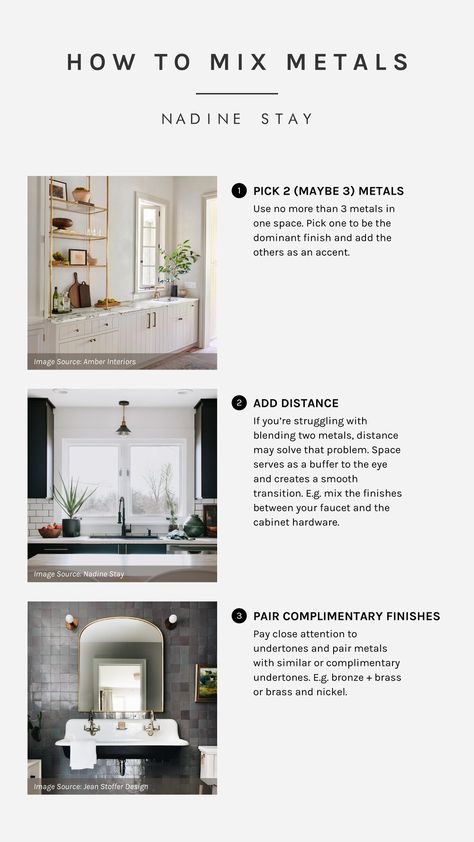 3 simple tips on how to mix more than one metal finish in a bathroom or kitchen by Nadine Stay. How to choose metals that blend well. The do's and dont's of mixing metals. Chrome, brass, bronze, nickel, copper, and black fixtures. Design rules for mixing finishes between your faucet, hardware, handles, knobs, and light fixtures. | NADINE STAY #mixingmetals #designtips #bathroomdesign #kitchendesign #bathroomfaucet #bathroomhardware #kitchenfaucet #kitchenhardware #brass Mixed Metals Decor, Faucet Hardware, Floor To Ceiling Curtains, Cabinet Trends, Mixing Metals, Design Rules, Renovation Design, How To Mix, Kitchen Hardware