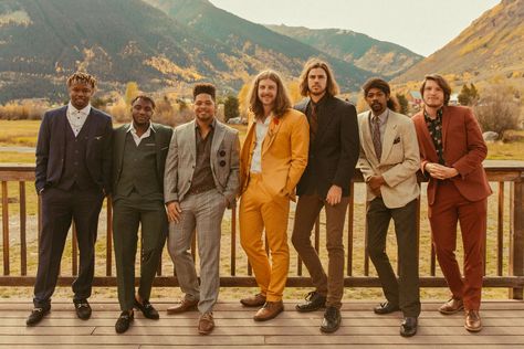 Eclectic Bridal Party, Groomsmen Different Colors, 70s Groomsmen Attire, Colorful Bridal Party Groomsmen, Groomsmen Attire Mismatched, Mismatching Groomsmen Attire, Groom Earth Tones, Groomsmen Attire Multicolor, Groomsmen Multicolor