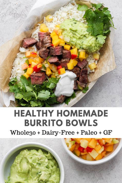 Easy Burrito Bowls - an easy weeknight dinner that is so easy to meal-prep and is perfect for work lunches! Make with steak, chicken, pork or leave vegetarian! (Whole30 + Paleo + DF + GF) #burritobowlrecipe #chipotleburritobowl #paleorecipes #healthybeefrecipes #whole30recipes #glutenfreerecipes Paleo Entrees, Aip Meals, Df Recipes, Whole 30 Lunch, 30 Diet, Burrito Bowls Recipe, Healthy Beef Recipes, Healthy Bowls Recipes, Paleo Meals